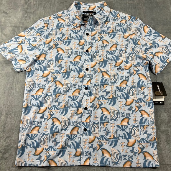 Dakine Other - Dakine Mens Blue Shark Fin Wave Print Short Sleeve Button Up‎ Shirt Large NWT